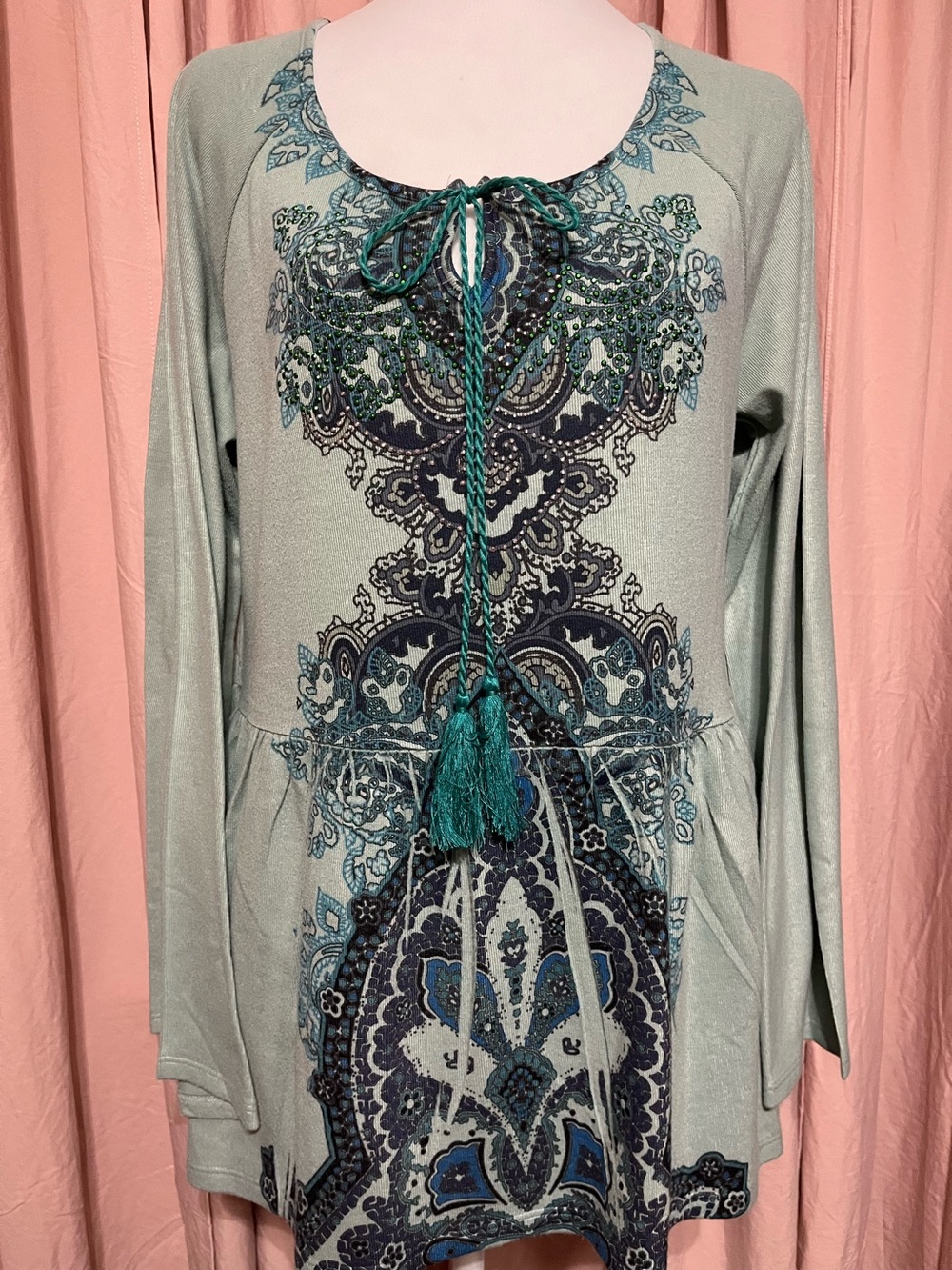 Bohemian Tassel-Tie Long Sleeve Tee - Sage Green